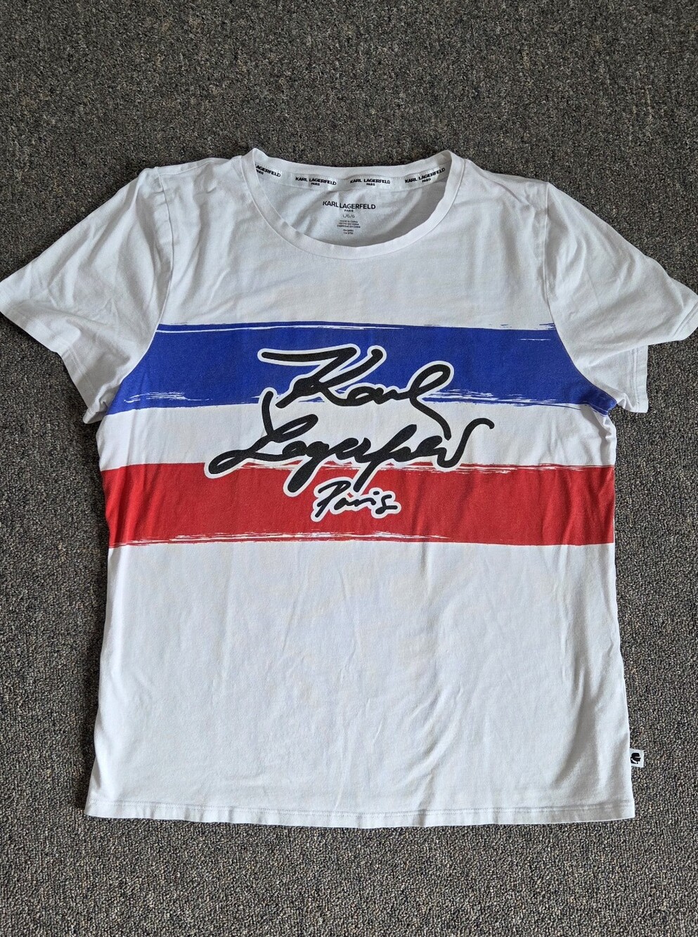 Karl Lagerfeld Paris Graphic T-Shirt White Red Blue Stripe Cursive Logo Womens L